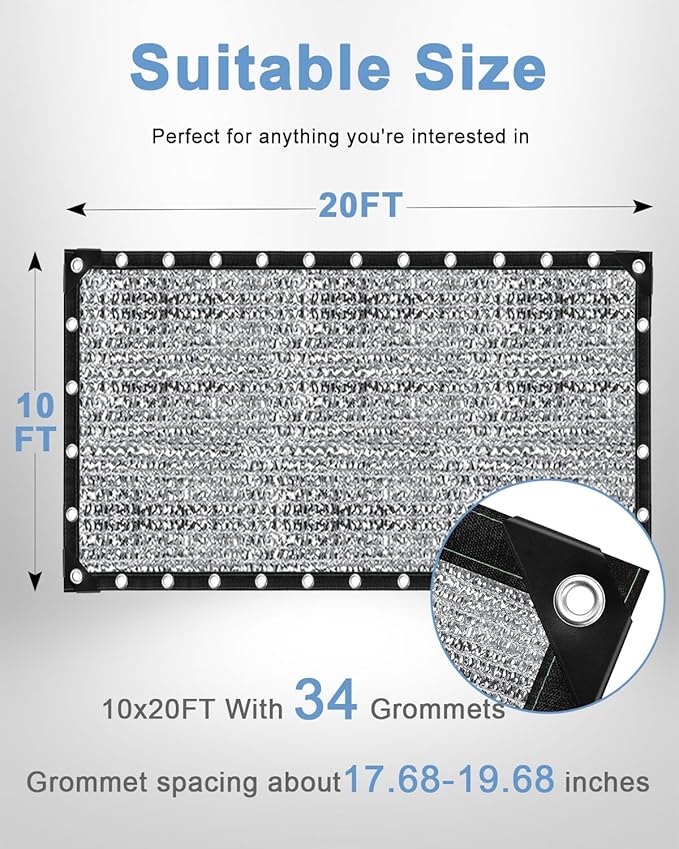 vensovo 85% Aluminum Shade Cloth - Reflective Aluminium Shade Netting Sun Shade Cover with Grommets for Cars, Dogs, Outdoor, RV, Patio (10x20FT)