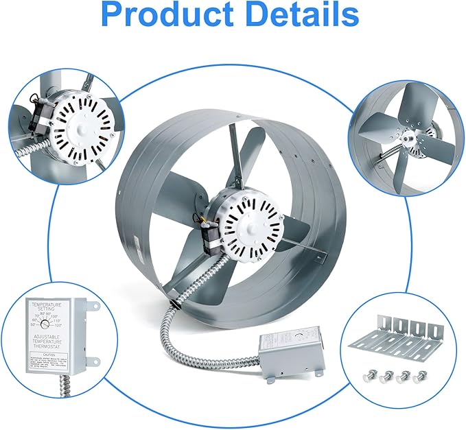 Gable Vent Attic Fan, 15" Exhaust Ventilation Fan with Adjustable Thermostat for Gable, Shed, Home, Garages, 1650 CFM, 1075 RPM, 2500 SQ. FT. Attic Ventilator (1650CFM)