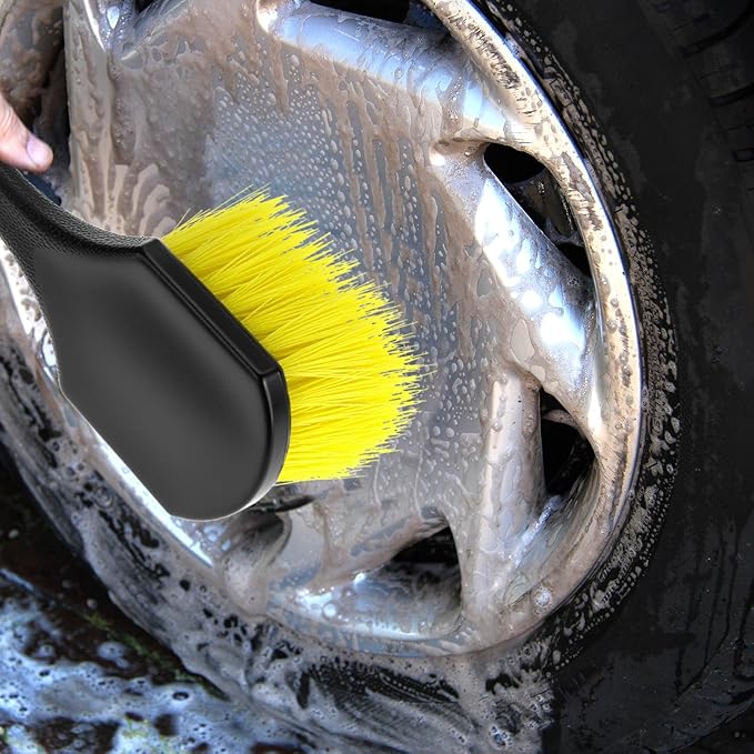 QWORK 8" Utility Scrub Brush with Plastic Handle and Yellow Polypropylene Bristles, 2 Pack Multi-Purpose Cleaning Tool for Wheels and Tires