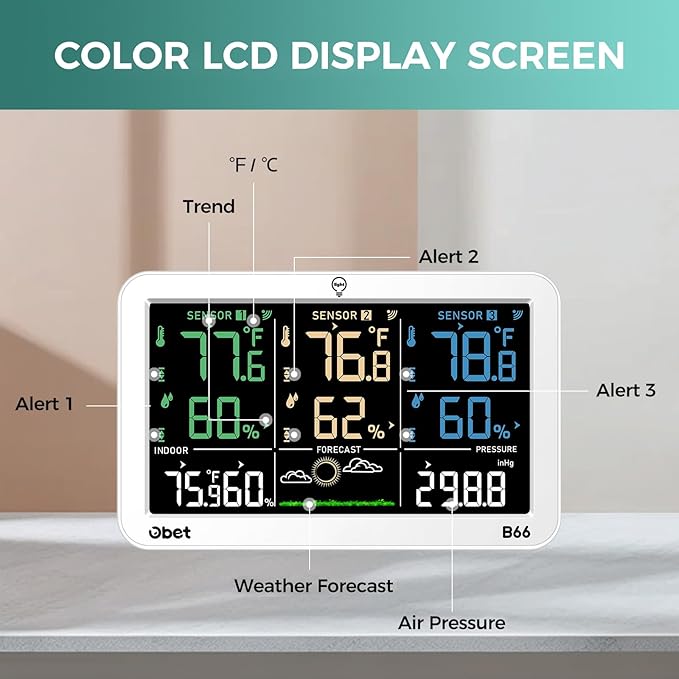 OBET Weather Station Wireless Indoor Outdoor Thermometer with 3 Sensors, Temperature Humidity Monitor with Alerts 500ft Range and 3 Adjustable Brightness White