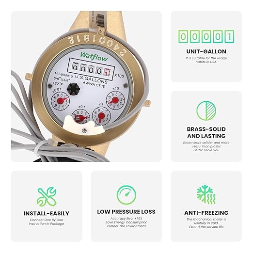 Watflow DN20 Water Meter 3/4" NPT,AWWA C708 Certification Gallon Water Flow Meter with Pulse Output, Cold Water Meter for Garden/Home/Apartment, Horizontal Install.