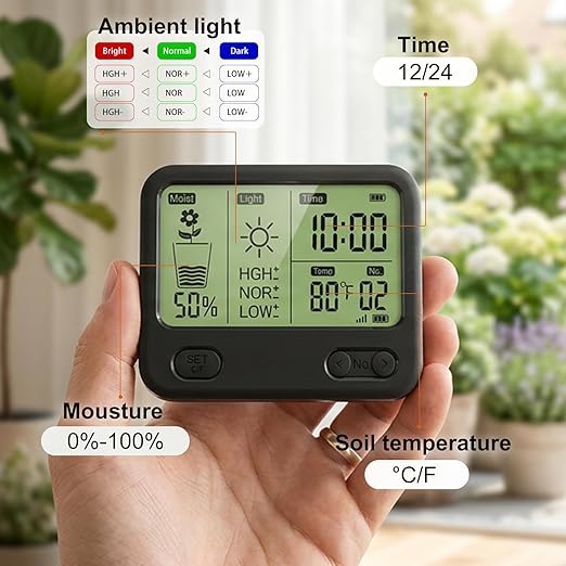 VODESON Soil Moisture Meter for Plants, Multi-Zone Wireless Soil Test Kit & Soil Thermometer, TDR4-in-1 Plant Water Meter, 230ft RF, IPX5 Waterproof, Indoor Outdoor Garden Lawn Farm(Display+4 Sensor)