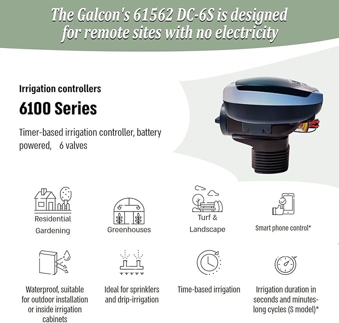 Galcon 61562 DC-6S, 6 Station Battery Operated Irrigation Timer for Sprinkler, Drip, & Propagation. Indoor & Outdoor. Daily or Cyclic Programs, Home, Garden, Nurseries, Greenhouses Misting GAJFSI002P0