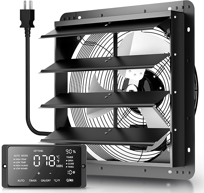 20" Shutter Exhaust Fan with 6 ft Power Cord, EC Motor Wall Mount Attic Fan, Smart Programming Variable Speed, Temp/Humidity & Timer, Auto Louvers, 4000 CFM for Window, Shed, Commercial, Waterproof