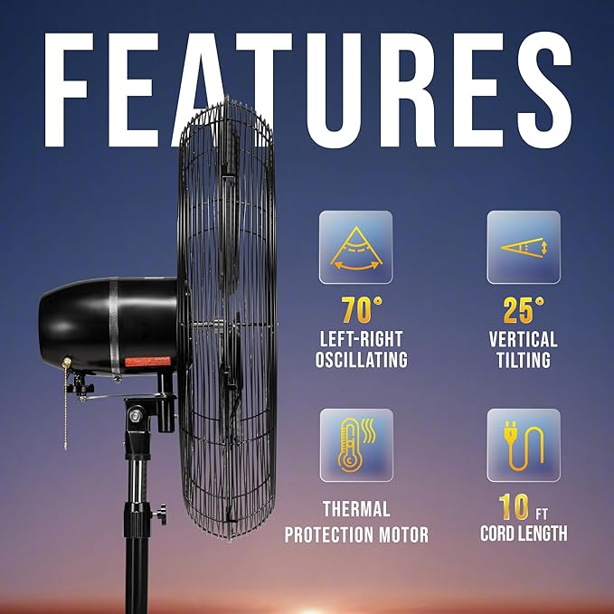 Tornado 24 Inch Outdoor Oscillating Pedestal Fan, IPX4 Water-Resistant High Velocity Metal Floor Fan, 2-Speed Commercial Industrial Standing Fan, 7600 CFM, cETL Listed