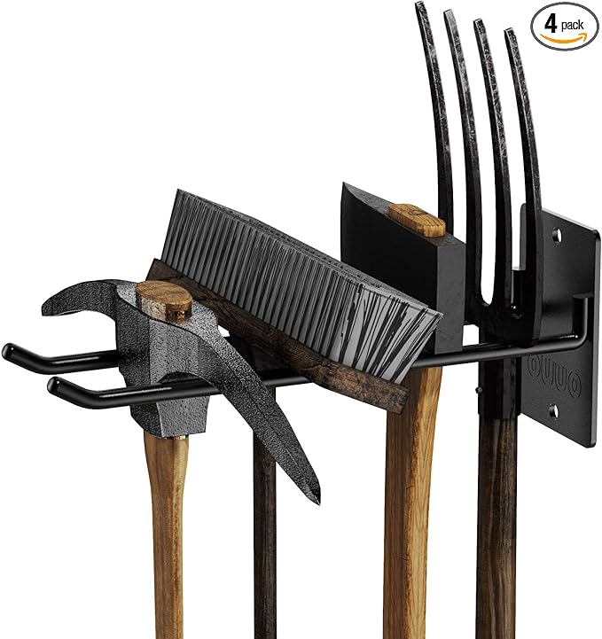 4 Pack Garage Storage Organizer for Tool Organization Heavy-Duty Solid Steel Wall Hanger for Garden Tools - Shovel Holder, Rake Broom Yard Wall Mount Hooks - Overhead Garage Storage Rack