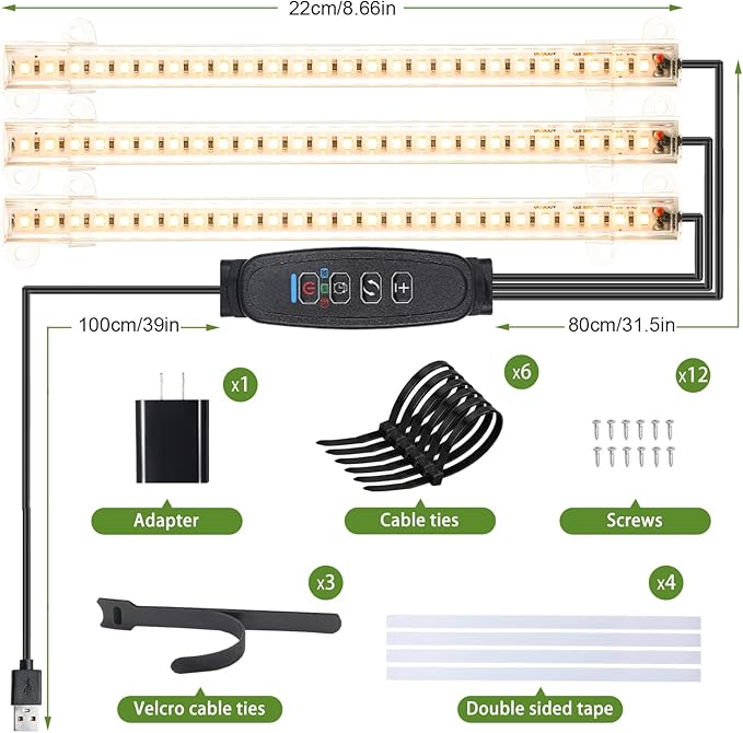8.6'' LED Grow Light Strips, Full Spectrum 3500K Grow Lights for Indoor Plants, 3 Head with 3/9/12H Timer, 10 Dimmable Levels, Suitable for Seedling, Succulent, Plant Shelf and Greenhouse, 1-Pack
