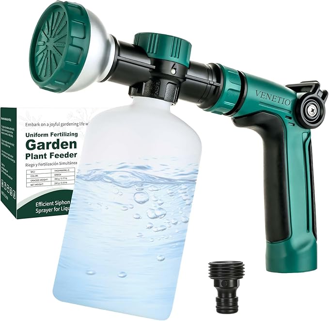VENETIO 8-Dial Hose End Sprayer for Liquid Fertilizer/Soap | Precision Lawn, Yard & Garden Feeder with 16oz Bottle for Uniform Fertilizing and Watering Plants | Car, Dog Wash Hose Attachment Nozzle