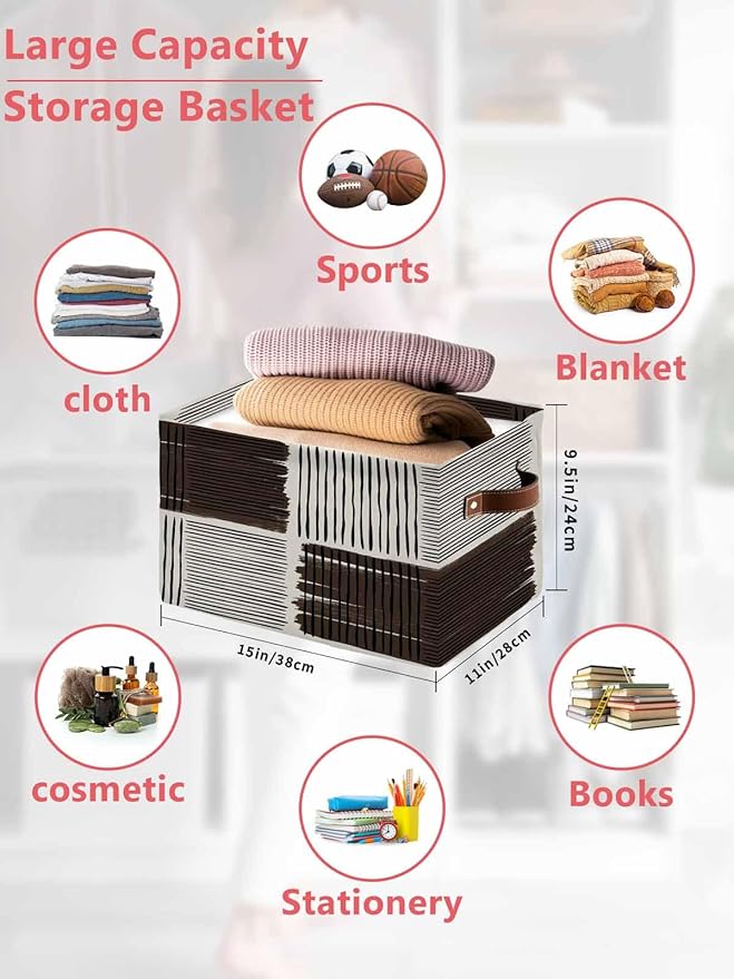 Black Striped Storage Bins Cubes Waterproof Cloth Storage Basket, Farmhouse Stripes Modern Abstract Art Foldable Storage Bags for Shelf Clothes Storages Organizers with Handles 15x11x9.5 in 2PCS