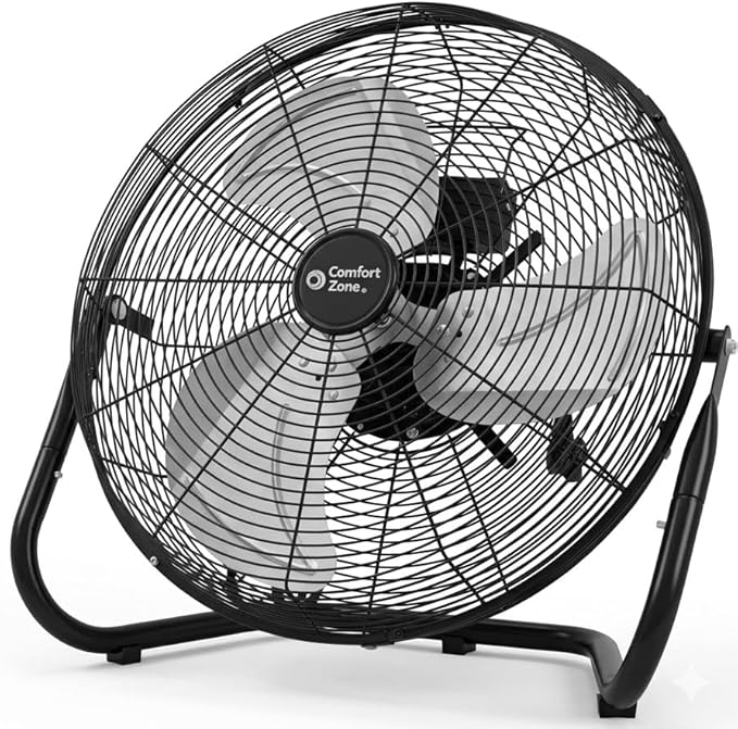 Comfort Zone 18-Inch High-Velocity Industrial Floor Fan, Heavy-Duty 3-Speed Metal Shop Fan with 180° Adjustable Tilt & Carry Handle, Quiet Vibration-Free Cooling for Garage, Workshop, & Home