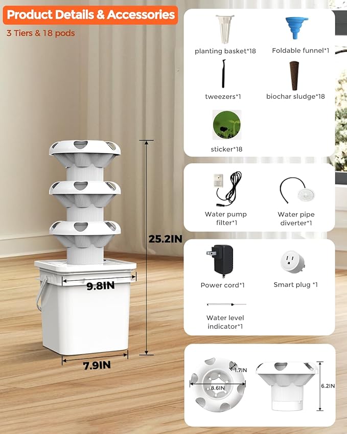18 Plants hydroponic Growing System kit, hydroponic Tower Indoor Garden, 10-Liter Large-Capacity Water Tank Circulation, soilless Planting Vegetables and Fruits (3x6P)