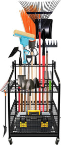Garden Tool Organizer, Yard Tool Organizer with Wheels, Metal Yard Tools Storage, Heavy Duty Garden Tool Organizer for Garage, Partitioned Tool Organizer and Storage for Garage, Tool Stand, Outdoor