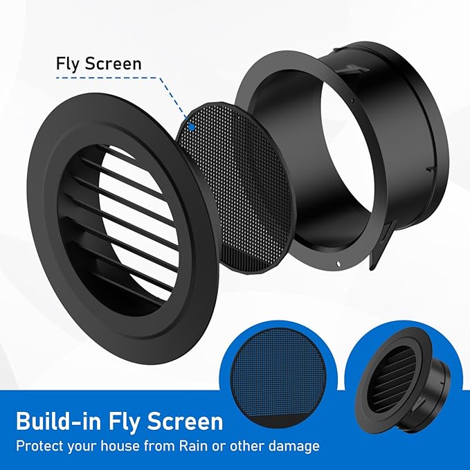 Hon&Guan 6 Inch Soffit Exhaust Vent, 6‘’ Round Air Vent Cover with Built-in a Fly Screen for Bathroom Office Home, Black