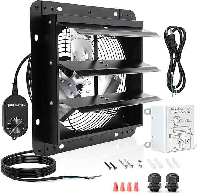 Shutter Exhaust Fan with Thermostat & Speed Control, 970 CFM,1700RPM, Upgrade 12 inch Wall Mount Attic Vent Fan for Chicken Coops, Greenhouse, Gable, Barn, Garage, Shed Ventilator