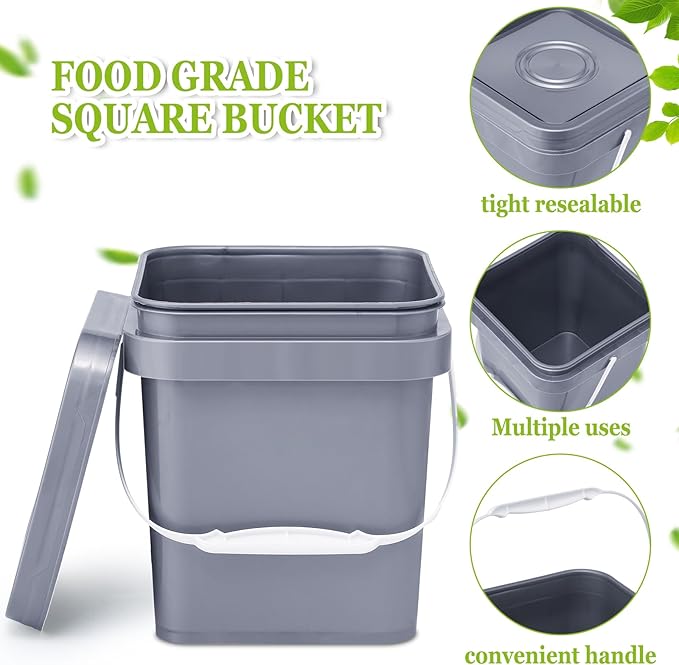 Suzile 10 Pcs Food Grade Square Bucket with Lid 1 Gallon Plastic Bucket 4.5L Utility Industrial Pail with Handle Container for Food Oil Tub Water Fishing Paint House Cleaning Car Washing(Grey)