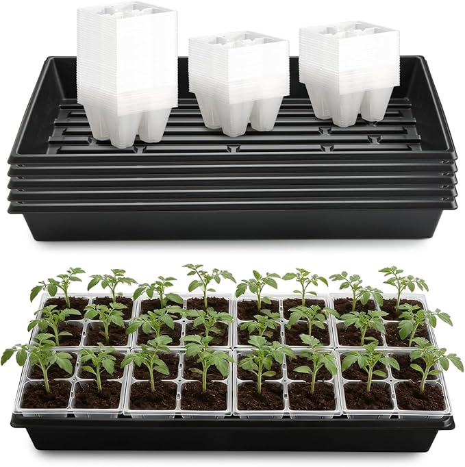 RooTrimmer 5 Pack Heavy Duty 1020 Trays and 40 Pack Clear 4 Cell Seed Starter Trays with Large Drainage Holes, Easy Transplant - for Seed Germination & Plant Propagation (5 Sets)