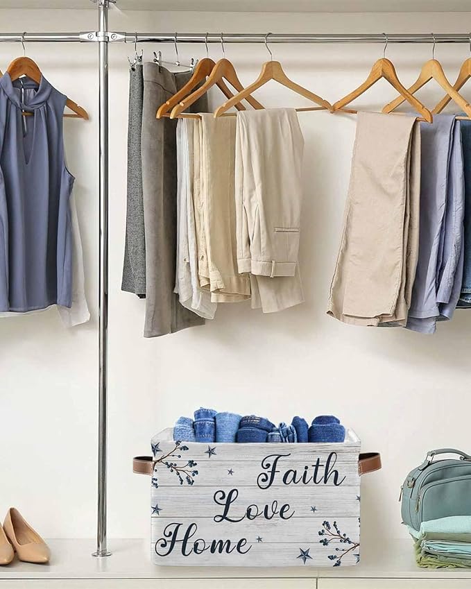 Farmhouse Storage Bins Cubes Waterproof Cloth Storage Basket,Blue Country Texas Star Vintage Berries Wooden Foldable Storage Bags for Shelf Clothes Storages Organizers with Handles 15x11x9.5 in 2PCS