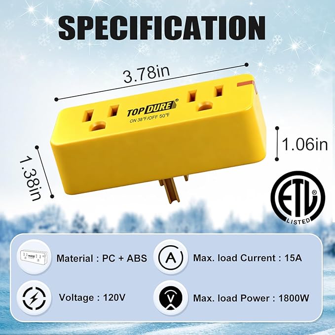 Thermostat Plug Outlet for Heat Cables, Temperature Controlled Outlet with Auto On at 38℉/Off at 50℉