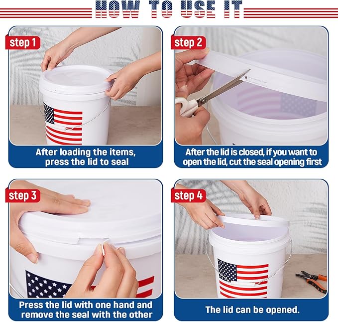 Threehoney 6 Pcs 2 Gallon Plastic Bucket with Lid and Handle, Large White Heavy Duty Bucket with American Flag for Home Gardening Tools Household Cleaning Baseballs Storage Container
