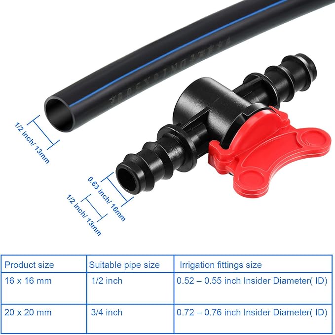 Boao Drip Irrigation Switch Valves - 1/2 Inch Double Male Barbed Valve - Manual Adjustment with Red Handle Top(4)