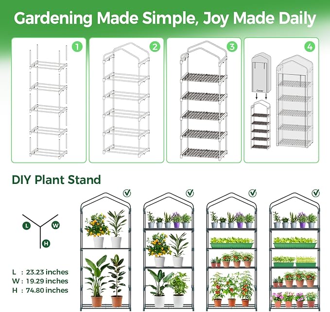 Mini Greenhouse for Indoor Outdoor: Ohuhu 23 x 19 x 75-Inch Small Plastic Plant Green House 5-Tier Rack Stand Portable Greenhouses with Durable PE Cover for Seedling, Ideal Gardening Gifts