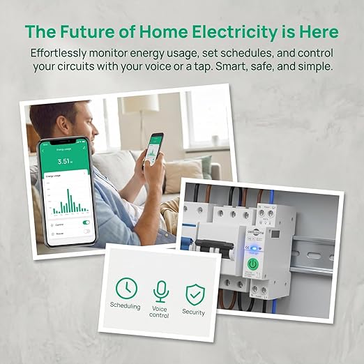 WiFi Smart Switch Breaker, 1-63A Adjustable Wifi Breaker for Whole House Monitoring, APP Remote Control Monitor Voltage Power Energy Usage, Compatible with Alexa Google Home, DIN Rail Mountable(2 PCS)