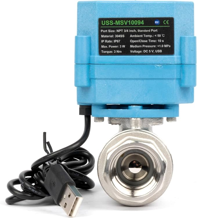 U.S. Solid WiFi Smart Motorized Ball Valve 3/4 inch NPT for Water Control, Irrigation, 2 Way 304SS Electric Valve, USB Powered, Status Indicator, Flow Direction, Remote On/Off Control, NSF Certified