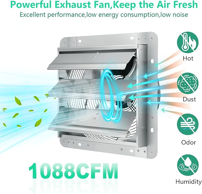 Shutter Exhaust Fan,14 inch Wall Mount Vent Fan with ON/OFF Switch,1750 RPM,1088 CFM, Attic Ventilator Fan for Greenhouse, Garage, Barn, Shed,Chicken Coops Ventilation Fans