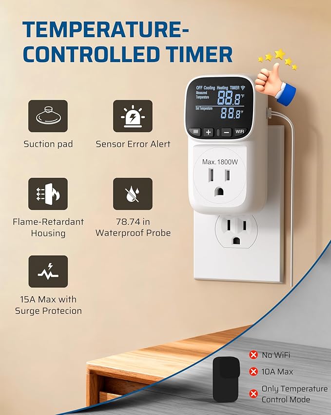 DEWENWILS Smart WiFi Temperature Controller, 15A 1800W Thermostat Controlled Outlet Plug, Bluetooth APP Remote Control, 24 Hour Schedule Timer, for Greenhouses, Incubators, Brewing, Reptiles, Garages