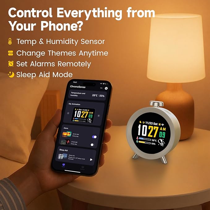 Dekala ChronoSense Smart Alarm Clock for Bedroom Temperature Humidity, 7-Day Programmable 4 Alarms, 100dB Loud Gradual Alarm for Heavy Sleeper, Hourly Chime, White Noise Sound Machine, App Control