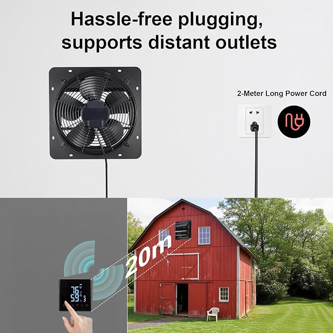GROWNEER 12 Inch Shutter Exhaust Fan with Temperature Humidity Controller, 1200 CFM Remote Control Vent Fan, 10-Speed Adjustable Wall Mount Attic Fan for Greenhouses Garages Sheds