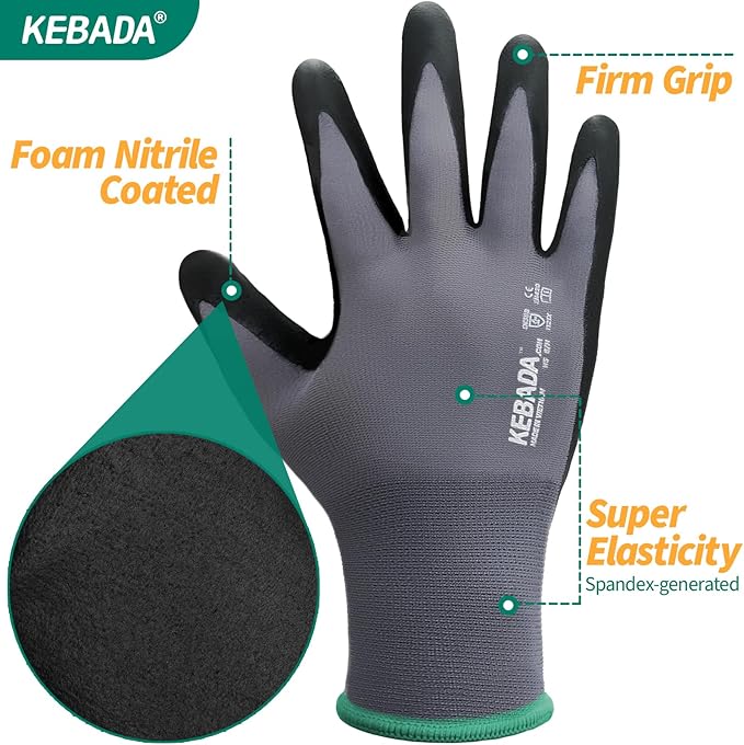 Kebada W5-60 Pairs Bulk Safety Work Gloves Foam Nitrile Coated, Seamless Knit Nylon Glove with Grip, Ideal for Mechanic, Warehouse, Construction & Gardening, Small
