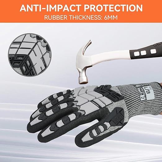 Safety Work Gloves, Impact Gloves for Men Women, Cut Resistant Non-Slip Heavy Duty Gloves with Nitrile Grip, Touch Screen Glove with Impact Protection for Mechanic Construction, X-Large, Grey