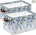 Navy Blue Eucalyptus Leaves Storage Bins Cubes Waterproof Cloth Storage Basket,Retro Country Leaf Botanical Foldable Storage Bags for Shelf Clothes Storages Organizers with Handles 15x11x9.5 in 2PCS