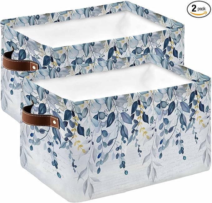 Navy Blue Eucalyptus Leaves Storage Bins Cubes Waterproof Cloth Storage Basket,Retro Country Leaf Botanical Foldable Storage Bags for Shelf Clothes Storages Organizers with Handles 15x11x9.5 in 2PCS