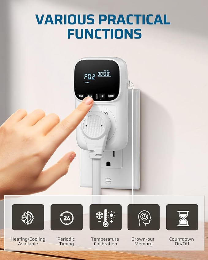 DEWENWILS Digital Temperature Controller, 2 Pack15A/1800W Thermostat Outlet Plug, VA Display Heating Cooling Control Timer, -40℉~210℉, Cyclic Timing/Countdown, for Greenhouse Incubator Homebrew