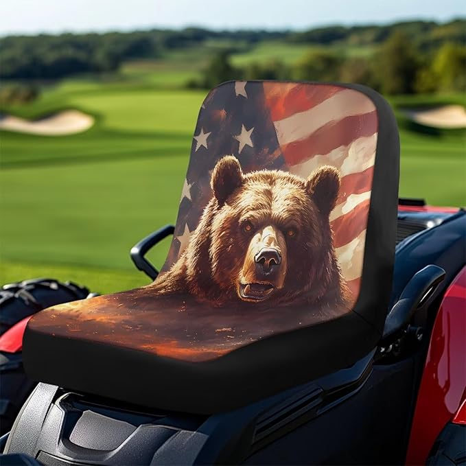 Bear and American Flag Tractor Seat Cover, Heavy-Duty Waterproof Lawn Mower Seat Cover with Pockets, Universal Fit Riding Lawn Mower Cover, Tractor Accessories