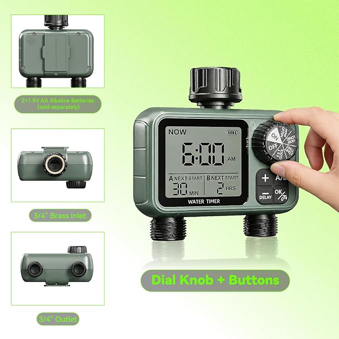 CMARS 2 Zone Sprinkler Timer for Garden Hose – Features Rain Delay, Manual & Automatic Modes, Brass Inlet, Dual Outlet Design, Programmable Watering & Drip Irrigation Ready for Lawn Yard