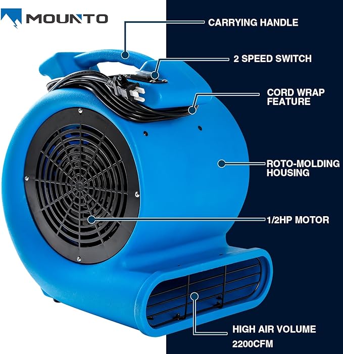 Mounto 1/2hp Air Mover Floor Drying Blower Fan - Powerful 1/2HP Motor Carpet Dryer, 2200 CFM Air Flow, Lightweight Design, 2-Speed Settings for Drying, Cooling & Circulation