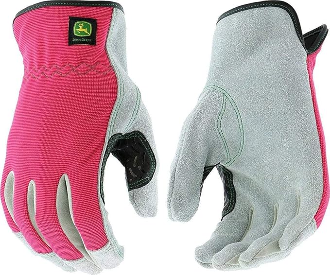 John Deere JD00016-WML Split Cowhide Leather Gloves - [1 Pair] Women’s Work Gloves, Pink Black