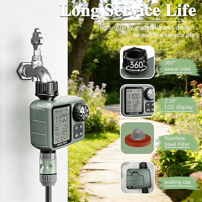 Sprinkler Timer Ourdoor,Digital Pogrammable Hose Timers with Rain Delay/Manual/Automatic Drip Irrigation Controller System,Smart Water Timer for Garden Hose with Large Display for Garden, Lawn, Yard