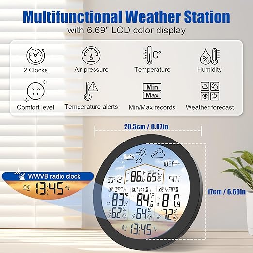 Uzoli EM3567 6.7" Round Wireless Weather Station with 3 Sensors Color Display Home Weather Stations Indoor Outdoor Thermometer with Atomic Clock Temperature Humidity Weather Forecast (Black1)