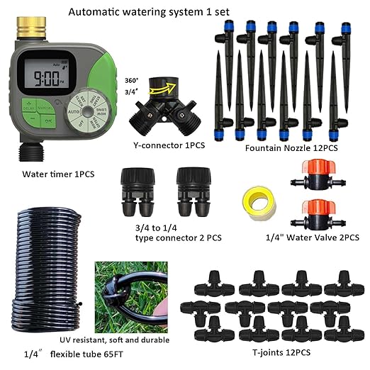 64FT Drip Irrigation Kit with Garden Timer Plant Watering System with Tubing Gushing Nozzles and Water Timer, Quick Connector Kits Easy to Assemble
