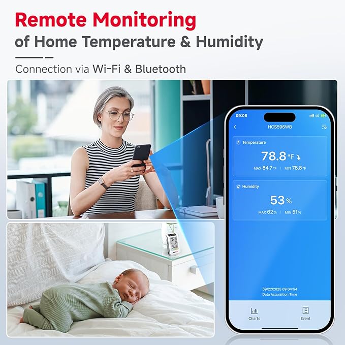 BaldrTherm WiFi Bluetooth Thermometer Hygrometer, Solar Boost, WiFi Remote Monitoring, Smart Alerts (Black Ice), City Temp Sync for Home/Baby Room/Plant Room, 2pack