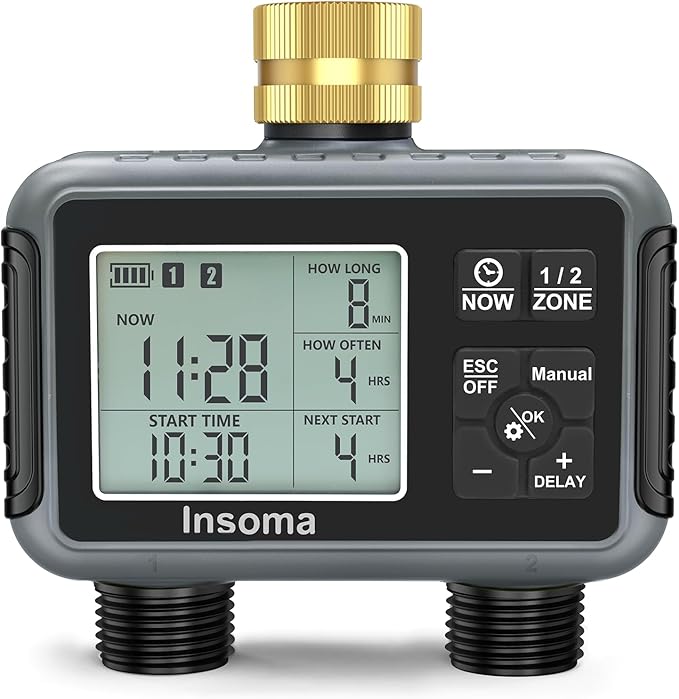 Insoma Water Timer with Brass Inlet, 2 Independent Zones Outdoor Hose Timer for Garden Faucet with Auto/Manual/Rain Delay Mode, Sprinkler Irrigation Timers for Yard Lawn