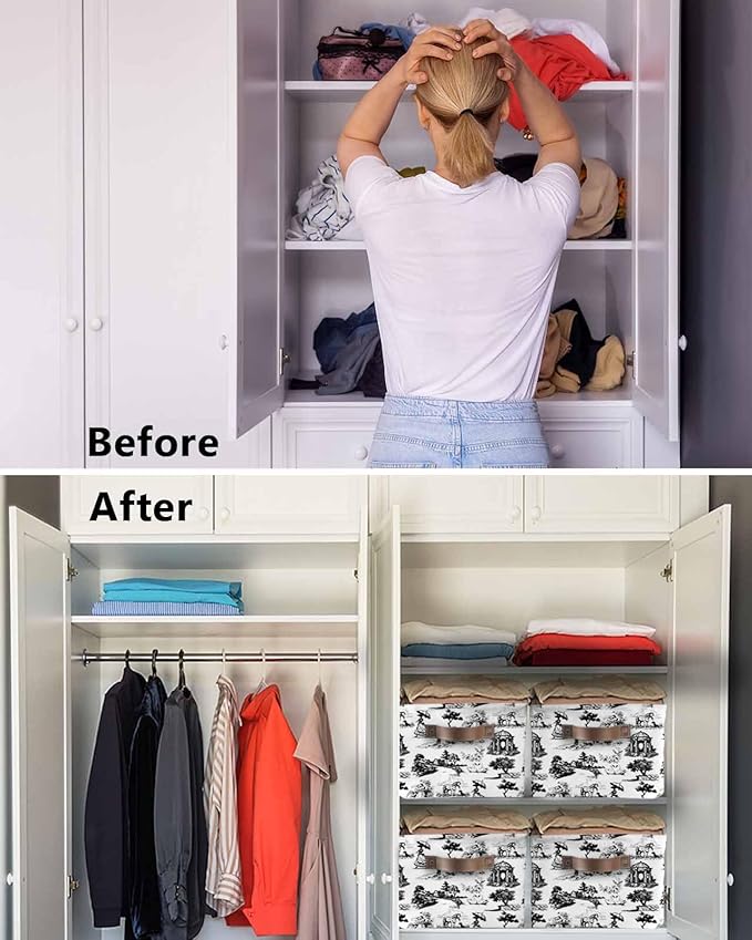 Farmhouse Country Storage Bins Cubes Waterproof Cloth Storage Basket, Retro French Garden Horse Swan Foldable Storage Bags for Shelf Closet Clothes Organizers with Handles 15x11x9.5 in 1PCS