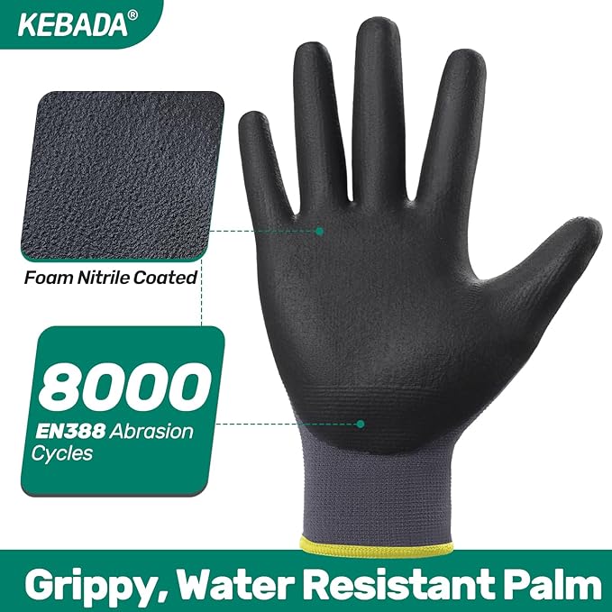 Kebada W5-60 Pairs Bulk Safety Work Gloves Foam Nitrile Coated, Seamless Knit Nylon Glove with Grip, Ideal for Mechanic, Warehouse, Construction & Gardening, Small