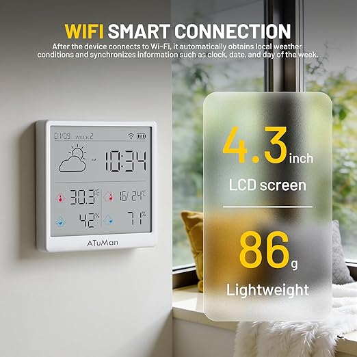 ATuMan TH3 Smart Thermometer Hygrometer - WiFi Enabled Indoor/Outdoor Temperature Humidity Monitor, 4.3'' Large LCD, Auto-Time Calibration, Type-C, High Precision Sensor for Home, Office, Greenhouse