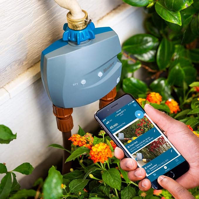 Hunter BTT Bluetooth Hose Timer, 2-Zone Smart Irrigation Controller, App Controlled Watering for Lawn, Garden, and Drip Systems, Battery Operated, No WiFi Required