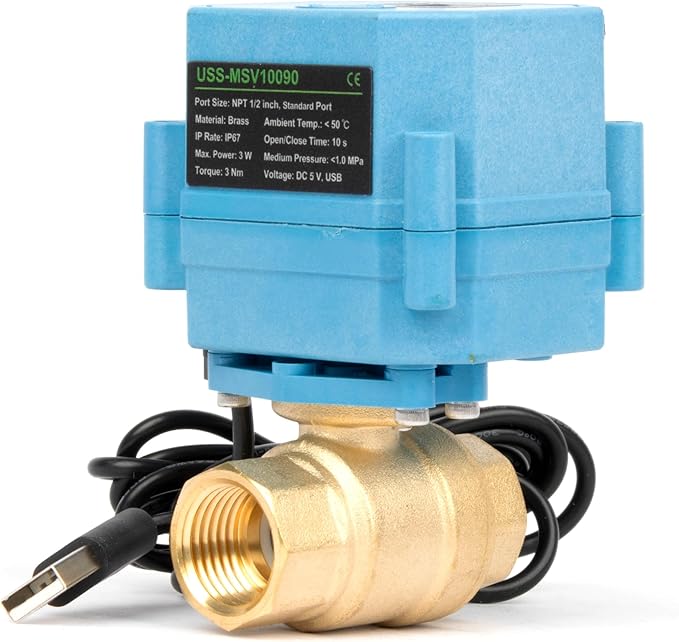 U.S. Solid WiFi Smart Motorized Ball Valve 1/2 inch NPT for Water Control & Irrigation, 2 Way Brass Electric Valve, USB Powered, LED Status Indicator, Flow Direction Window, Remote On/Off Control